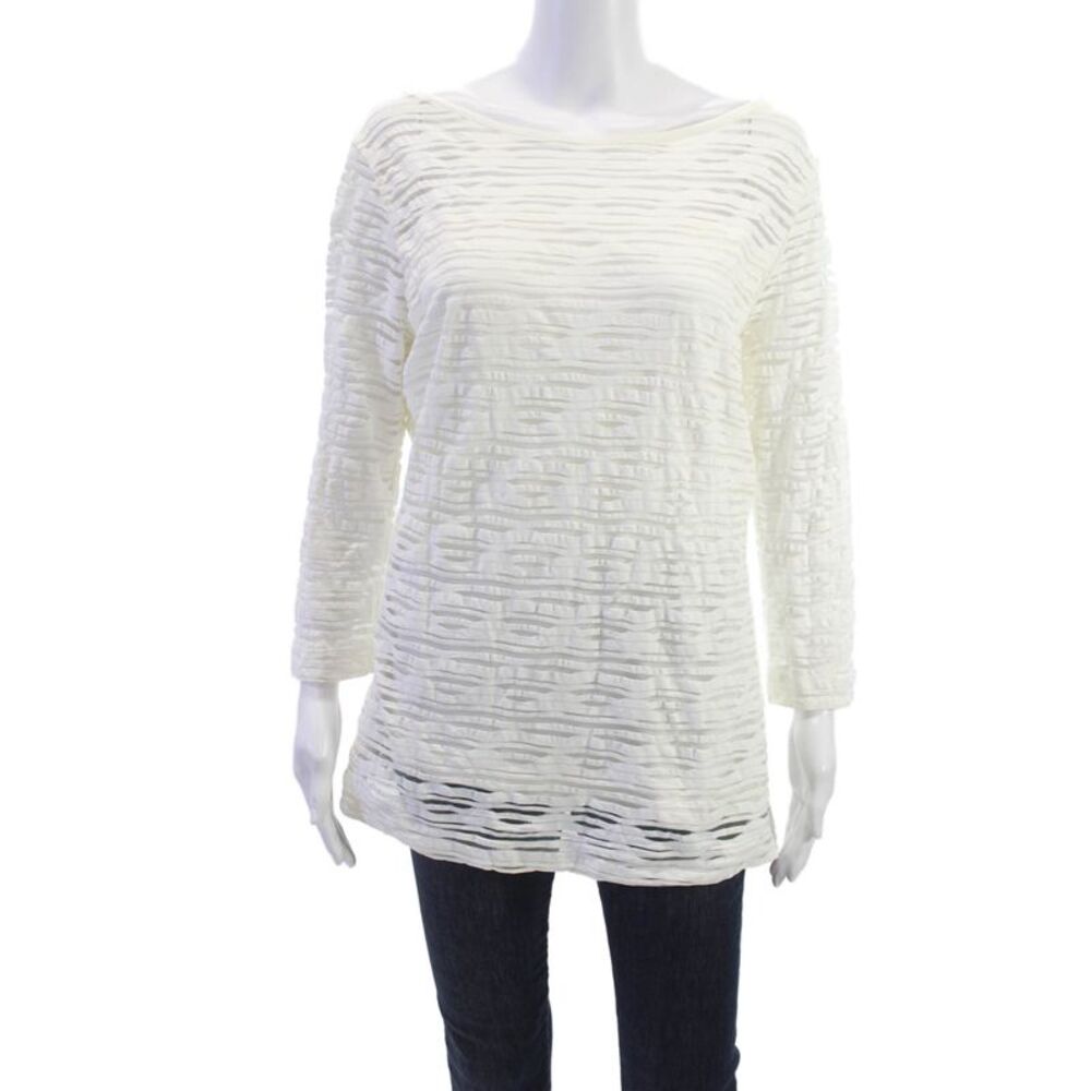 Escada Womens Striped Tunic Blouse White Boat Neck Long Sleeve Size XL
